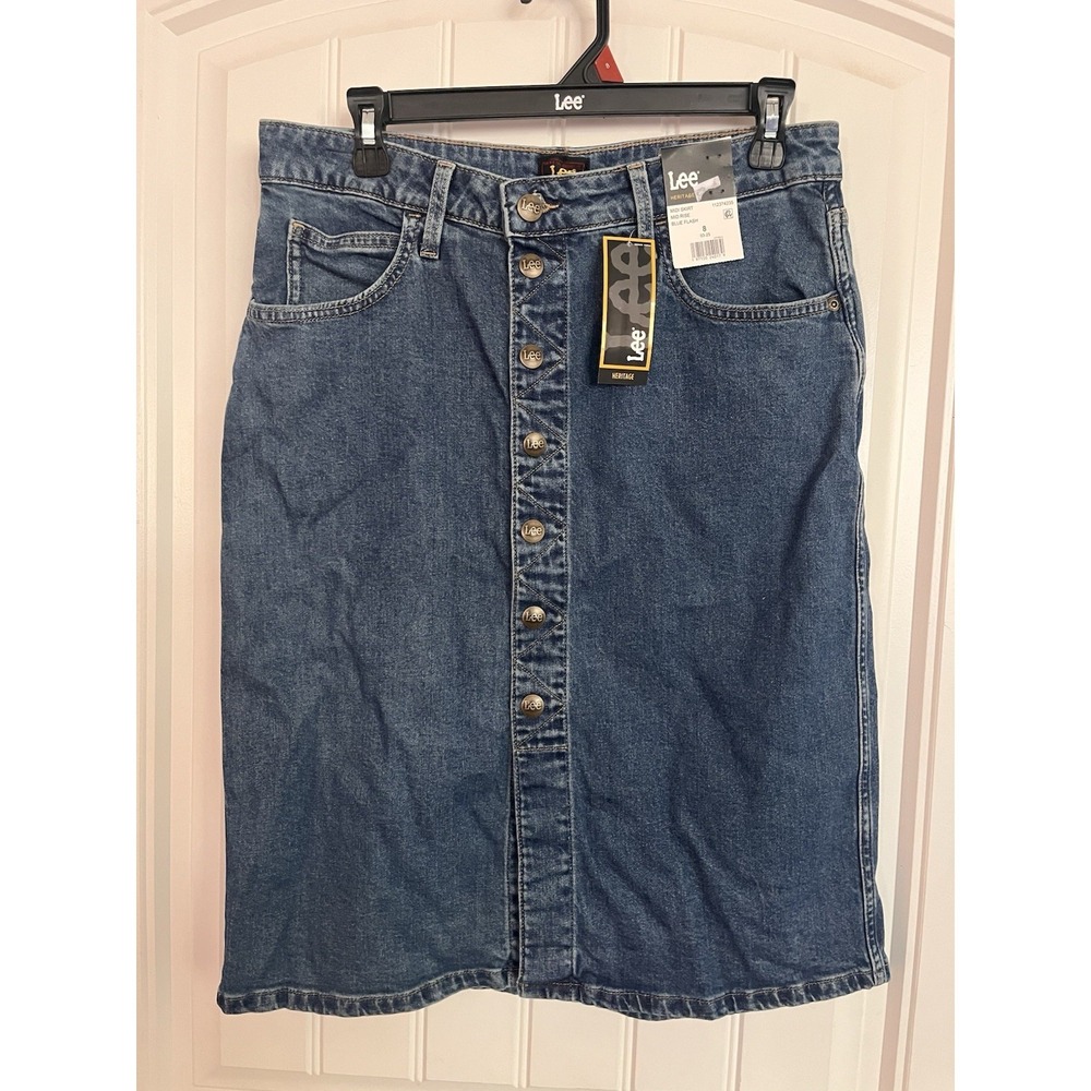 New Lee Women's Heritage Midi Skirt, Dark Blue Jean Denim Size 8 Snap Front 274